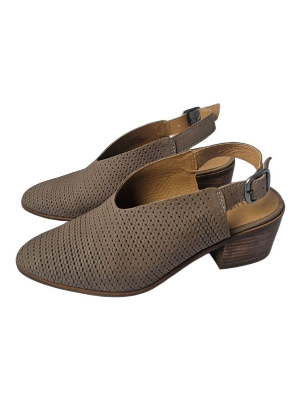 Lucky Brand Lideton Leather Perforated Slingback Heeled Mules Taupe Brown Size 8
